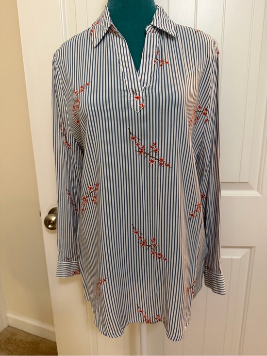 Chico's Tops - Chico's Blue & White Stripes with Red Cherry Blossom Long Sleeve Top Sz 2R (12R)